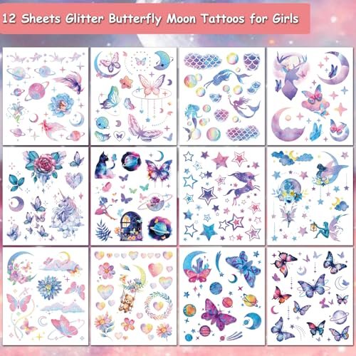 Hohamn Glitter Tattoos for Girls & Women – 12 Sheets Butterfly, Moon, Flowers, Mermaid Temporary Tattoos for Birthday Party Supplies & Gifts - görsel 4