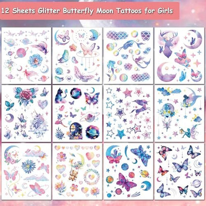 Hohamn Glitter Tattoos for Girls & Women – 12 Sheets Butterfly, Moon, Flowers, Mermaid Temporary Tattoos for Birthday Party Supplies & Gifts
