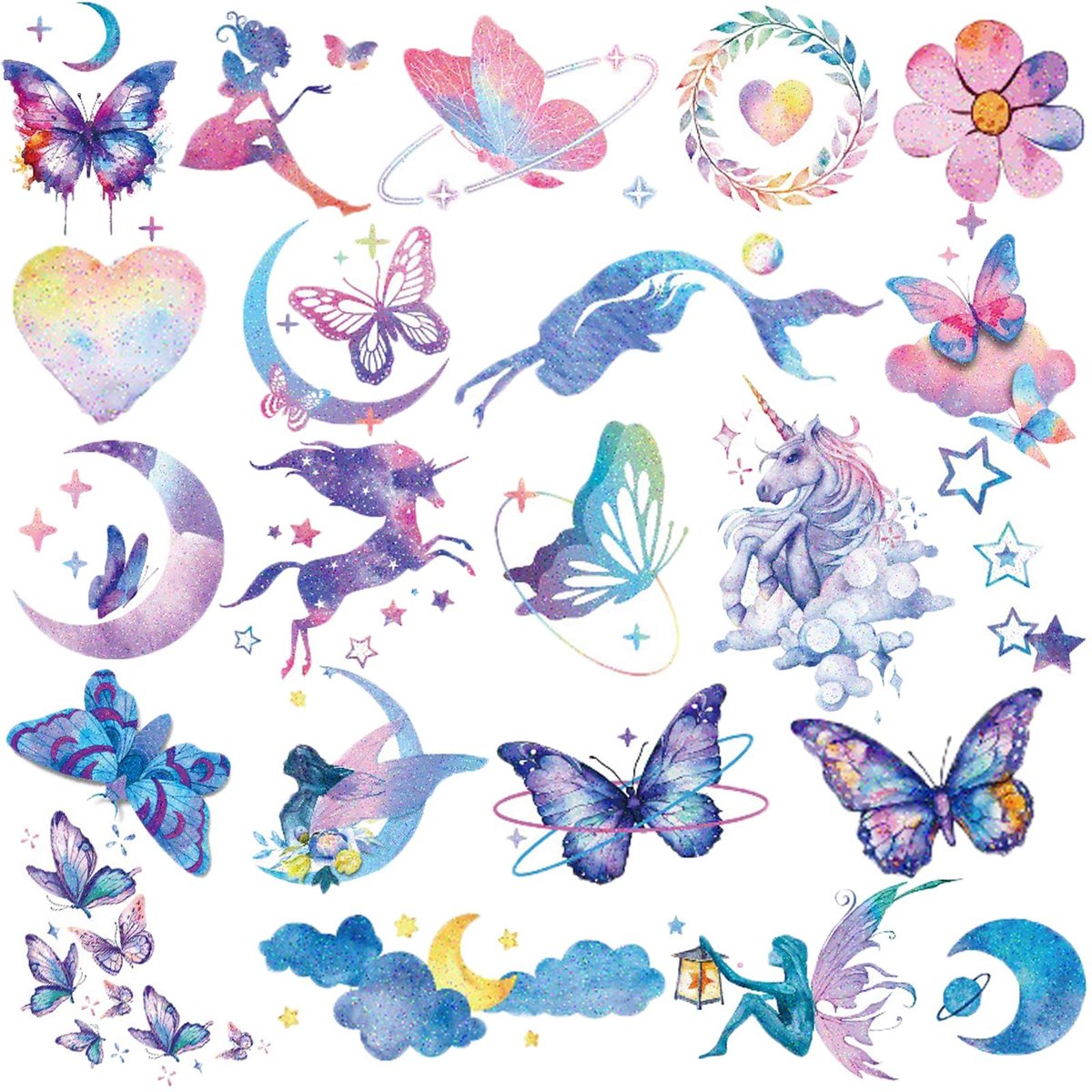 Hohamn Glitter Tattoos for Girls & Women – 12 Sheets Butterfly, Moon, Flowers, Mermaid Temporary Tattoos for Birthday Party Supplies & Gifts - görsel 1