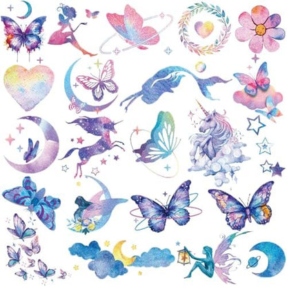 Hohamn Glitter Tattoos for Girls & Women – 12 Sheets Butterfly, Moon, Flowers, Mermaid Temporary Tattoos for Birthday Party Supplies & Gifts