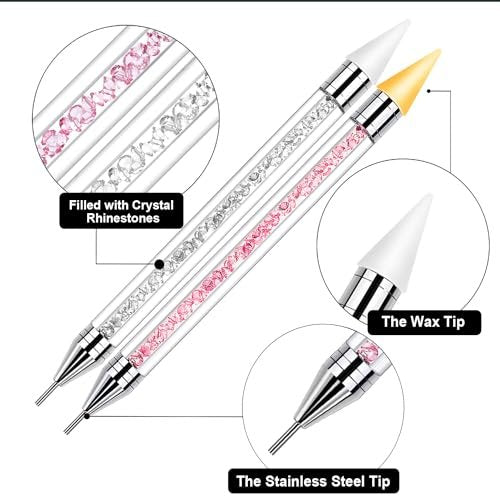 Vikerer Rhinestone Picker Tool, Dual-ended Rhinestones Applicator Nail Art Design Tool, 2 Pack Acrylic Handle Nail Pen with 4 Extra Wax Tips and 1 Tweezer - görsel 6