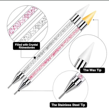 Vikerer Rhinestone Picker Tool, Dual-ended Rhinestones Applicator Nail Art Design Tool, 2 Pack Acrylic Handle Nail Pen with 4 Extra Wax Tips and 1 Tweezer