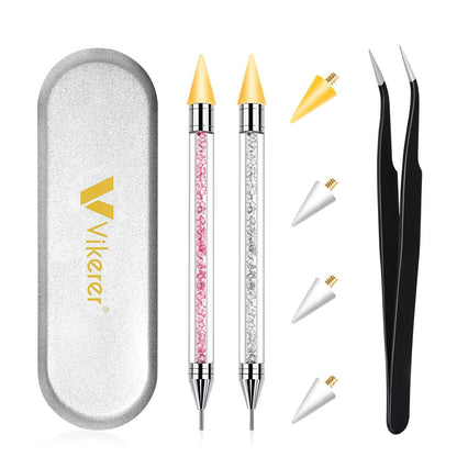 Vikerer Rhinestone Picker Tool, Dual-ended Rhinestones Applicator Nail Art Design Tool, 2 Pack Acrylic Handle Nail Pen with 4 Extra Wax Tips and 1 Tweezer