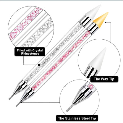 Vikerer Rhinestone Picker Tool, Dual-ended Rhinestones Applicator Nail Art Design Tool, 2 Pack Acrylic Handle Nail Pen with 4 Extra Wax Tips and 1 Tweezer