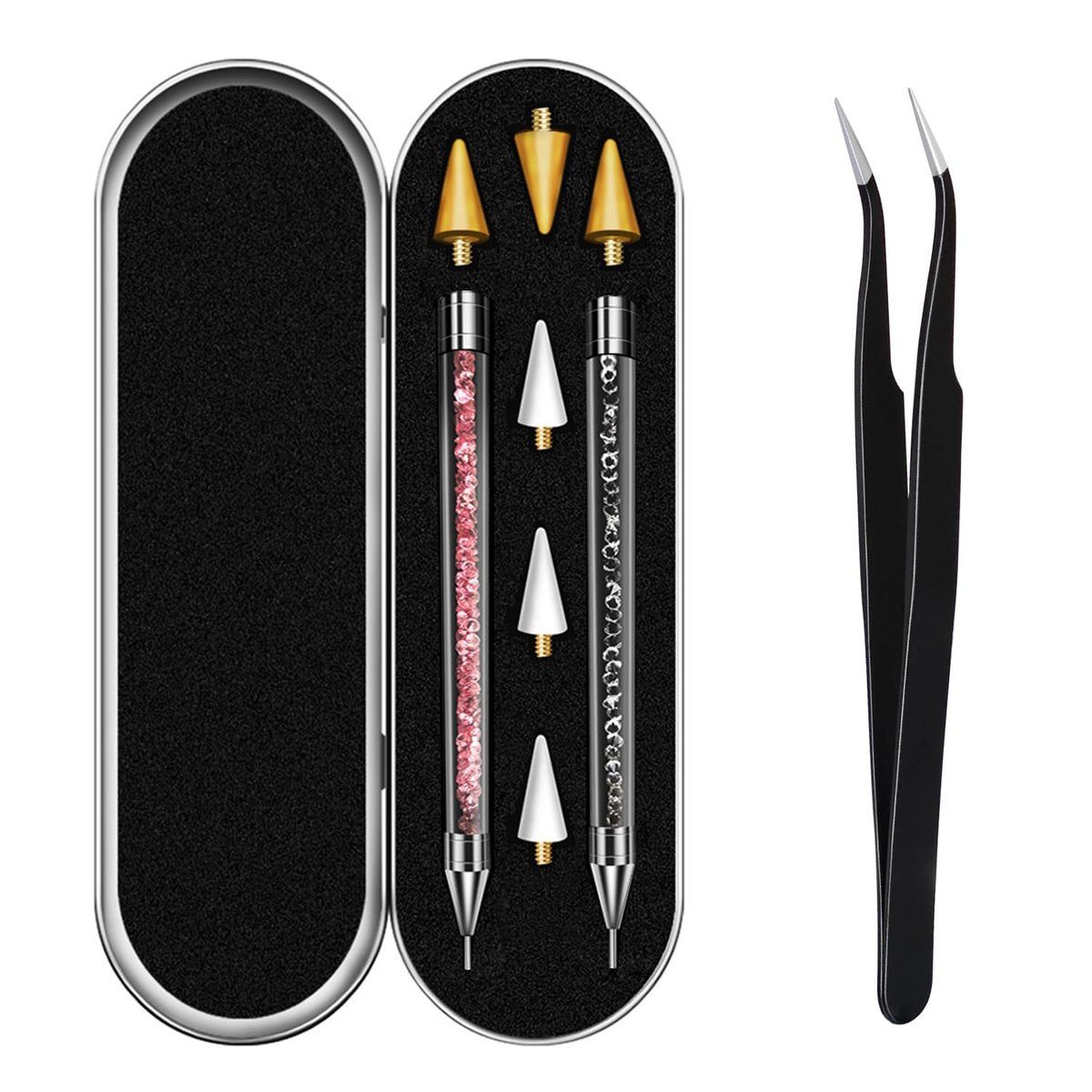 Vikerer Rhinestone Picker Tool, Dual-ended Rhinestones Applicator Nail Art Design Tool, 2 Pack Acrylic Handle Nail Pen with 4 Extra Wax Tips and 1 Tweezer - görsel 1