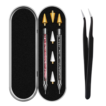 Vikerer Rhinestone Picker Tool, Dual-ended Rhinestones Applicator Nail Art Design Tool, 2 Pack Acrylic Handle Nail Pen with 4 Extra Wax Tips and 1 Tweezer