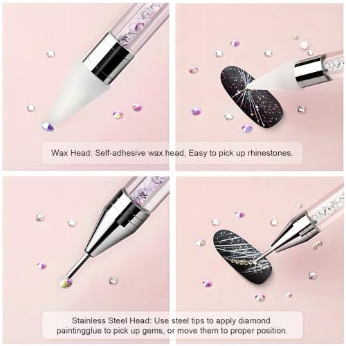 Vikerer Rhinestone Picker Tool, Dual-ended Rhinestones Applicator Nail Art Design Tool, 2 Pack Acrylic Handle Nail Pen with 4 Extra Wax Tips and 1 Tweezer - görsel 8