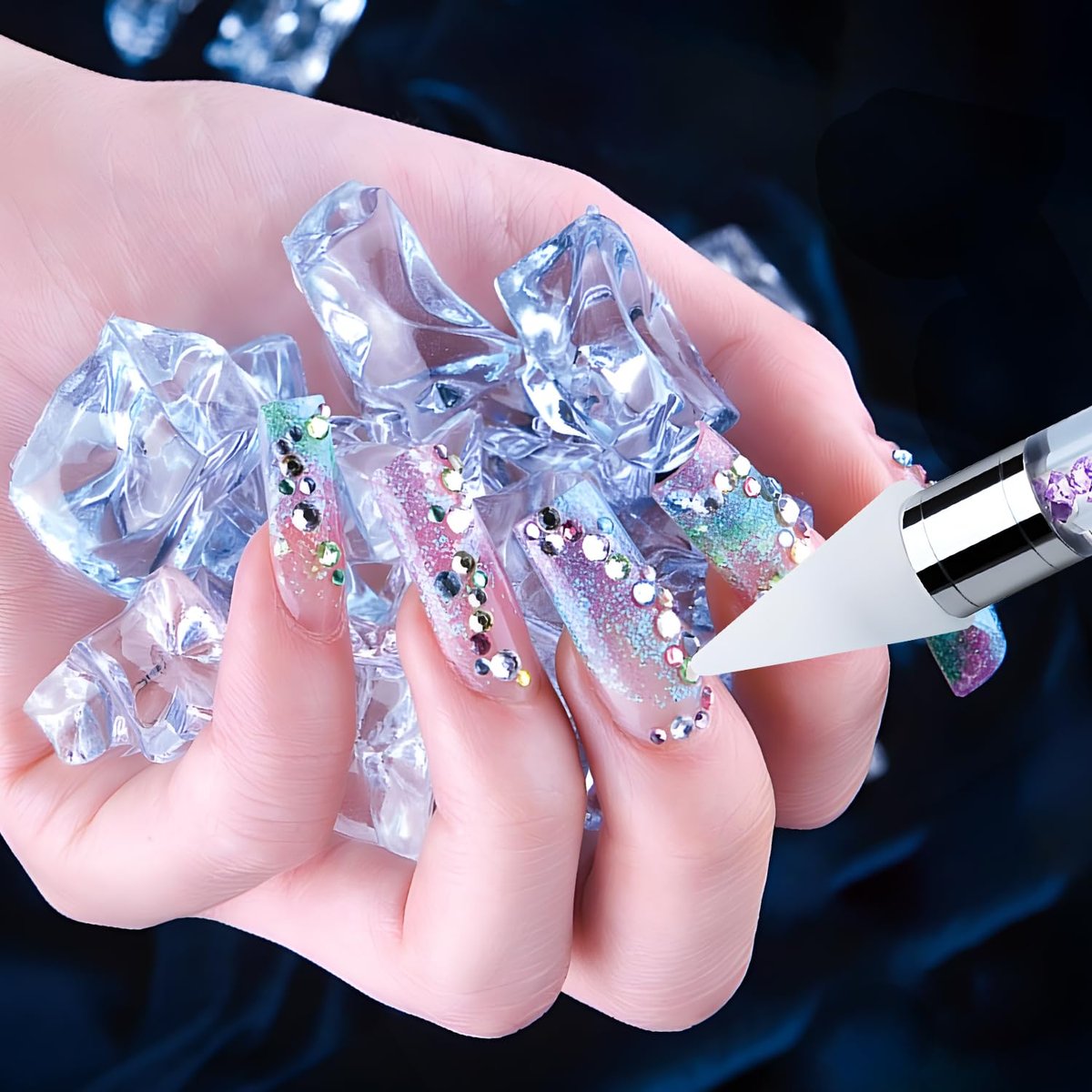Vikerer Rhinestone Picker Tool, Dual-ended Rhinestones Applicator Nail Art Design Tool, 2 Pack Acrylic Handle Nail Pen with 4 Extra Wax Tips and 1 Tweezer - görsel 11