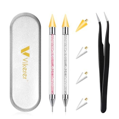 Vikerer Rhinestone Picker Tool, Dual-ended Rhinestones Applicator Nail Art Design Tool, 2 Pack Acrylic Handle Nail Pen with 4 Extra Wax Tips and 1 Tweezer