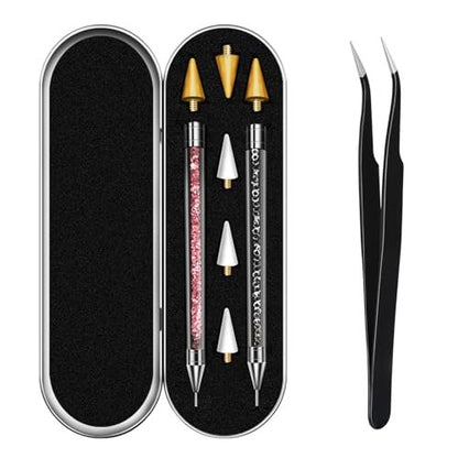 Vikerer Rhinestone Picker Tool, Dual-ended Rhinestones Applicator Nail Art Design Tool, 2 Pack Acrylic Handle Nail Pen with 4 Extra Wax Tips and 1 Tweezer