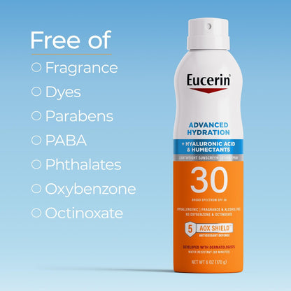 Eucerin Advanced Hydration SPF 30 Sunscreen Spray – Lightweight, Fragrance-Free Body Sunscreen with Hyaluronic Acid, 6 oz Avelisse