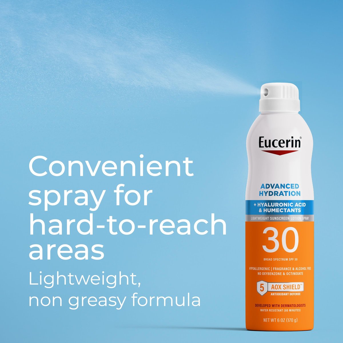 Eucerin Advanced Hydration SPF 30 Sunscreen Spray – Lightweight, Fragrance-Free Body Sunscreen with Hyaluronic Acid, 6 oz Avelisse