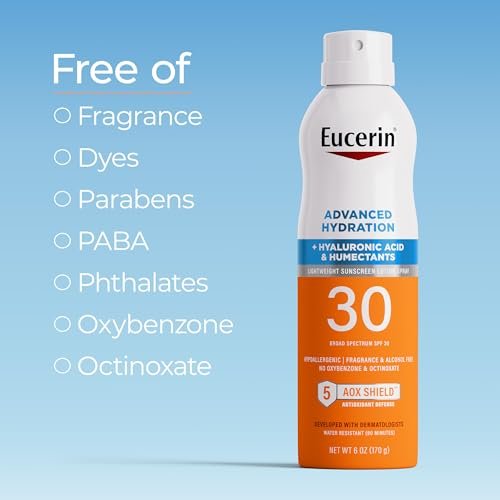 Eucerin Advanced Hydration SPF 30 Sunscreen Spray – Lightweight, Fragrance-Free Body Sunscreen with Hyaluronic Acid, 6 oz Avelisse