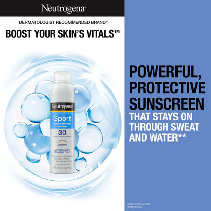 Neutrogena Sport Active Defense SPF 30 Sunscreen Spray – Sweat & Water Resistant Broad Spectrum UVA/UVB Protection, Oxybenzone-Free, 5 oz Avelisse