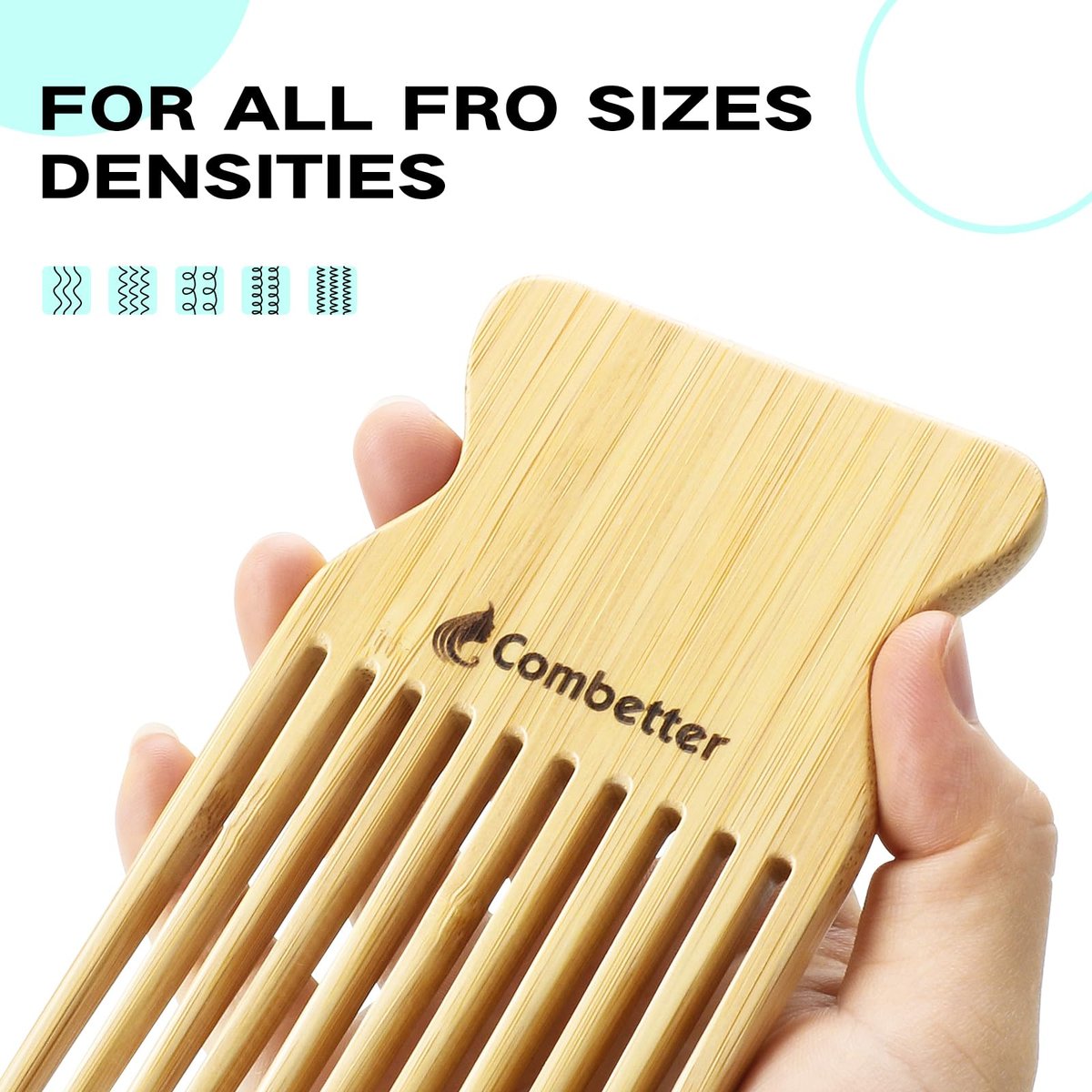 Combetter Bamboo Hair Pick Comb for Thick Curly Hair & Beard – Eco-Friendly Anti Static Afro Pick Wooden Comb for Detangling & Styling for Men, Women & Kids - görsel 3