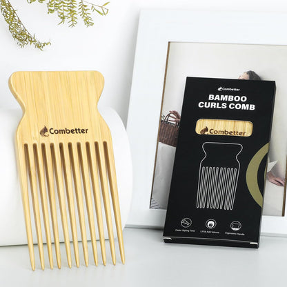 Combetter Bamboo Hair Pick Comb for Thick Curly Hair & Beard – Eco-Friendly Anti Static Afro Pick Wooden Comb for Detangling & Styling for Men, Women & Kids