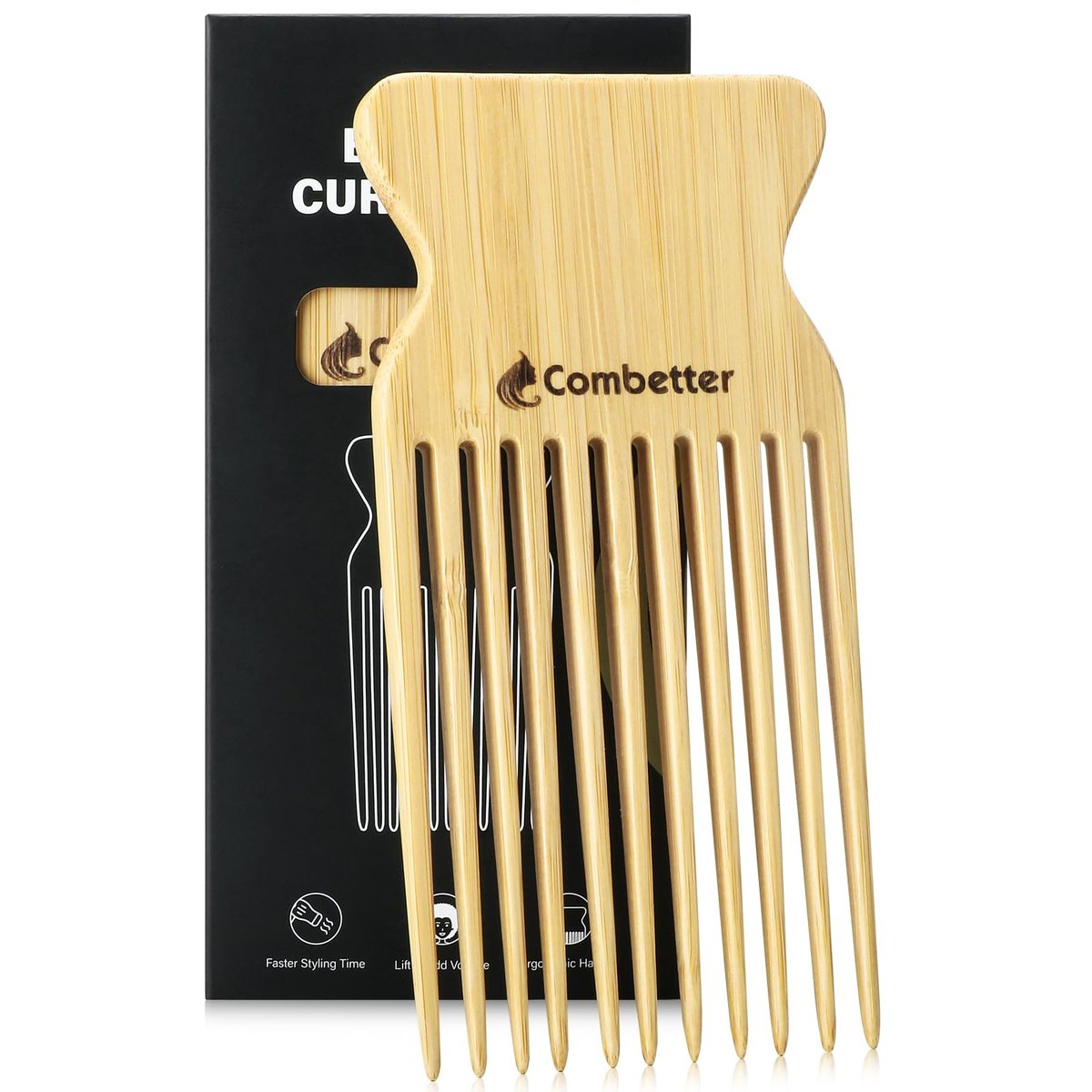 Combetter Bamboo Hair Pick Comb for Thick Curly Hair & Beard – Eco-Friendly Anti Static Afro Pick Wooden Comb for Detangling & Styling for Men, Women & Kids - görsel 1