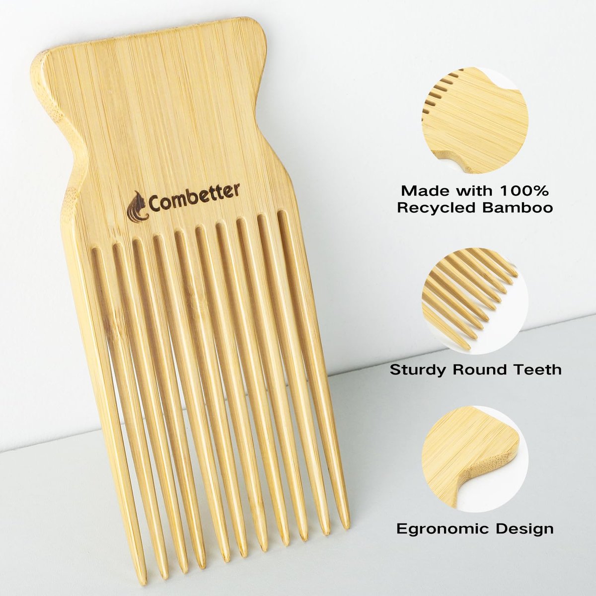 Combetter Bamboo Hair Pick Comb for Thick Curly Hair & Beard – Eco-Friendly Anti Static Afro Pick Wooden Comb for Detangling & Styling for Men, Women & Kids - görsel 5