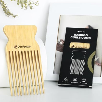 Combetter Bamboo Hair Pick Comb for Thick Curly Hair & Beard – Eco-Friendly Anti Static Afro Pick Wooden Comb for Detangling & Styling for Men, Women & Kids