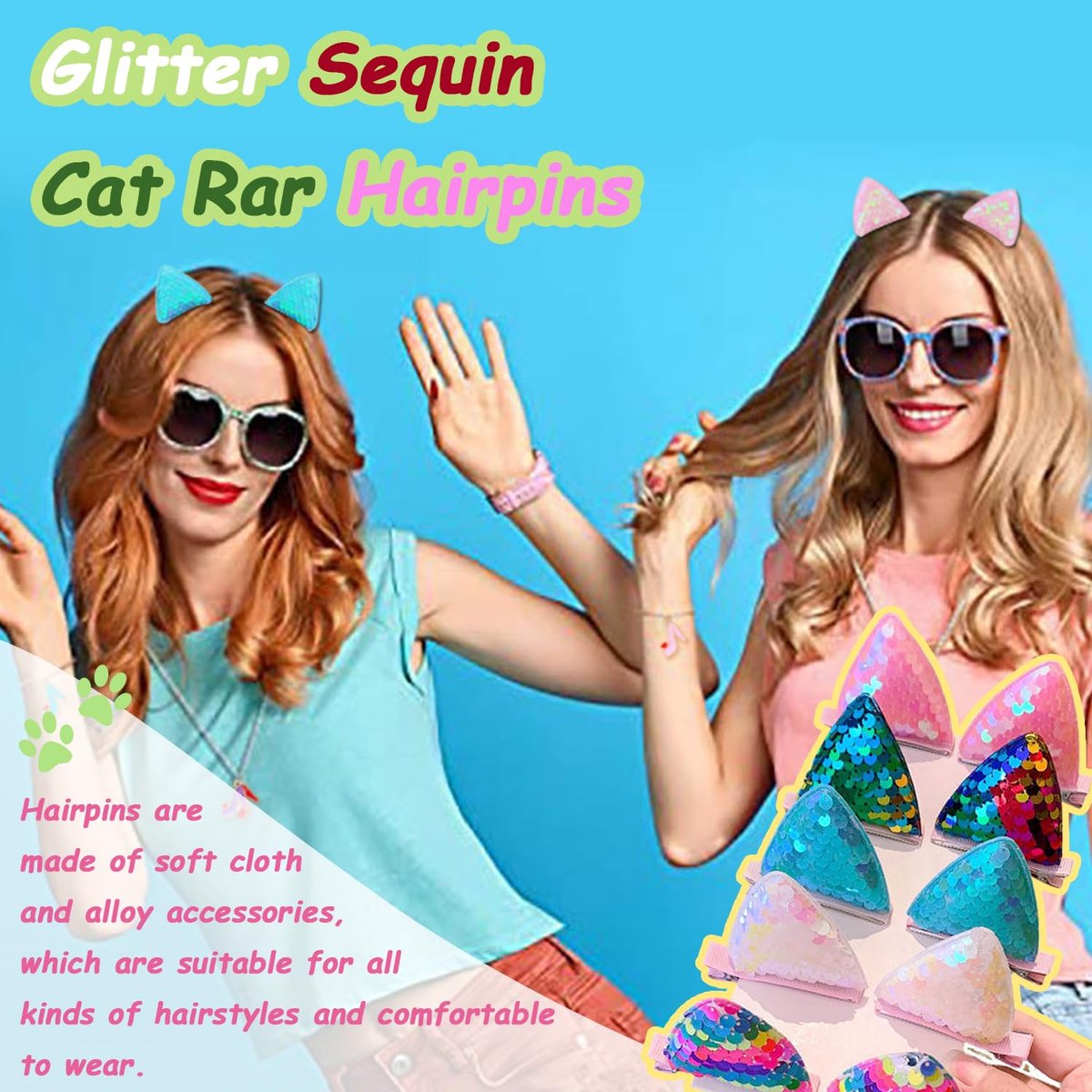 12 Glitter Sparkly Cat Ear Hair Clips and Barrettes for Girls, Toddlers, and Kids - Animal Hair Pins Avelisse