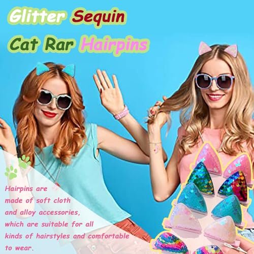 12 Glitter Sparkly Cat Ear Hair Clips and Barrettes for Girls, Toddlers, and Kids - Animal Hair Pins Avelisse