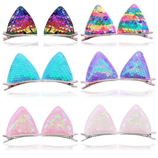 12 Glitter Sparkly Cat Ear Hair Clips and Barrettes for Girls, Toddlers, and Kids - Animal Hair Pins Avelisse