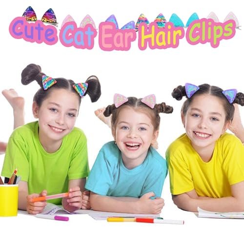 12 Glitter Sparkly Cat Ear Hair Clips and Barrettes for Girls, Toddlers, and Kids - Animal Hair Pins Avelisse