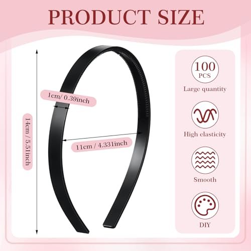 XunYee 100 Pcs Plastic Headbands Bulk Black Headbands with Teeth Plain Hair Bands for Women Girls Craft DIY Hair Accessories (Black, 10 mm) Avelisse