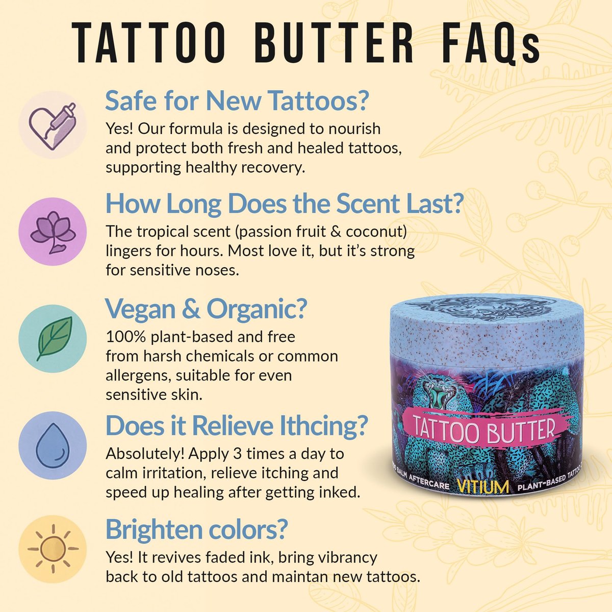 VITIUM Tattoo Butter Aftercare Balm 5oz – Vegan, Brightens & Heals New & Old Tattoos, Signature Tropical Italian Scent, Shea, Mango, Calendula, No Petroleum, Made in Italy Avelisse