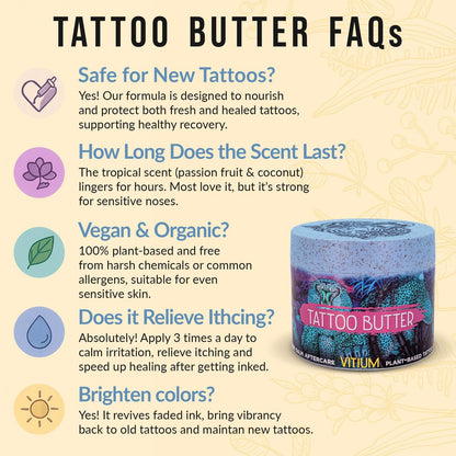 VITIUM Tattoo Butter Aftercare Balm 5oz – Vegan, Brightens & Heals New & Old Tattoos, Signature Tropical Italian Scent, Shea, Mango, Calendula, No Petroleum, Made in Italy Avelisse