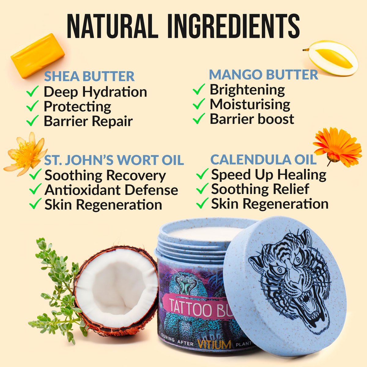 VITIUM Tattoo Butter Aftercare Balm 5oz – Vegan, Brightens & Heals New & Old Tattoos, Signature Tropical Italian Scent, Shea, Mango, Calendula, No Petroleum, Made in Italy Avelisse