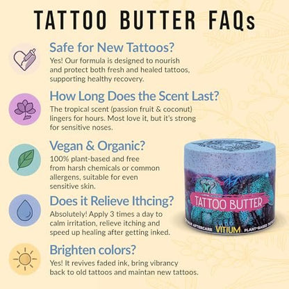VITIUM Tattoo Butter Aftercare Balm 5oz – Vegan, Brightens & Heals New & Old Tattoos, Signature Tropical Italian Scent, Shea, Mango, Calendula, No Petroleum, Made in Italy Avelisse