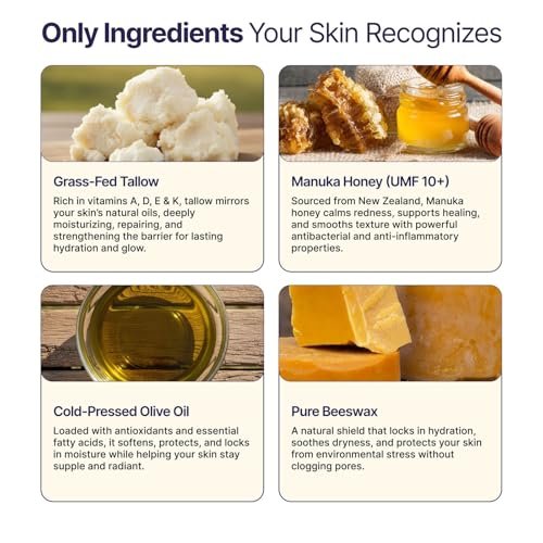 Neptune Health Tallow and Manuka Honey Balm - Unscented 2 oz Face Cream, Body Lotion & Lip Balm, Grass Fed Grass Finished Avelisse