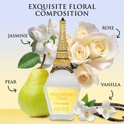 Mon Amour Paris for Women Eau De Parfum - Floral & Fruity Fragrance with Ylang-Ylang, Damascus Rose & Jasmine - Classy & Elegant Perfume for Daily Wear & Special Occasions - 100ml (3.4 Fl Oz) Avelisse