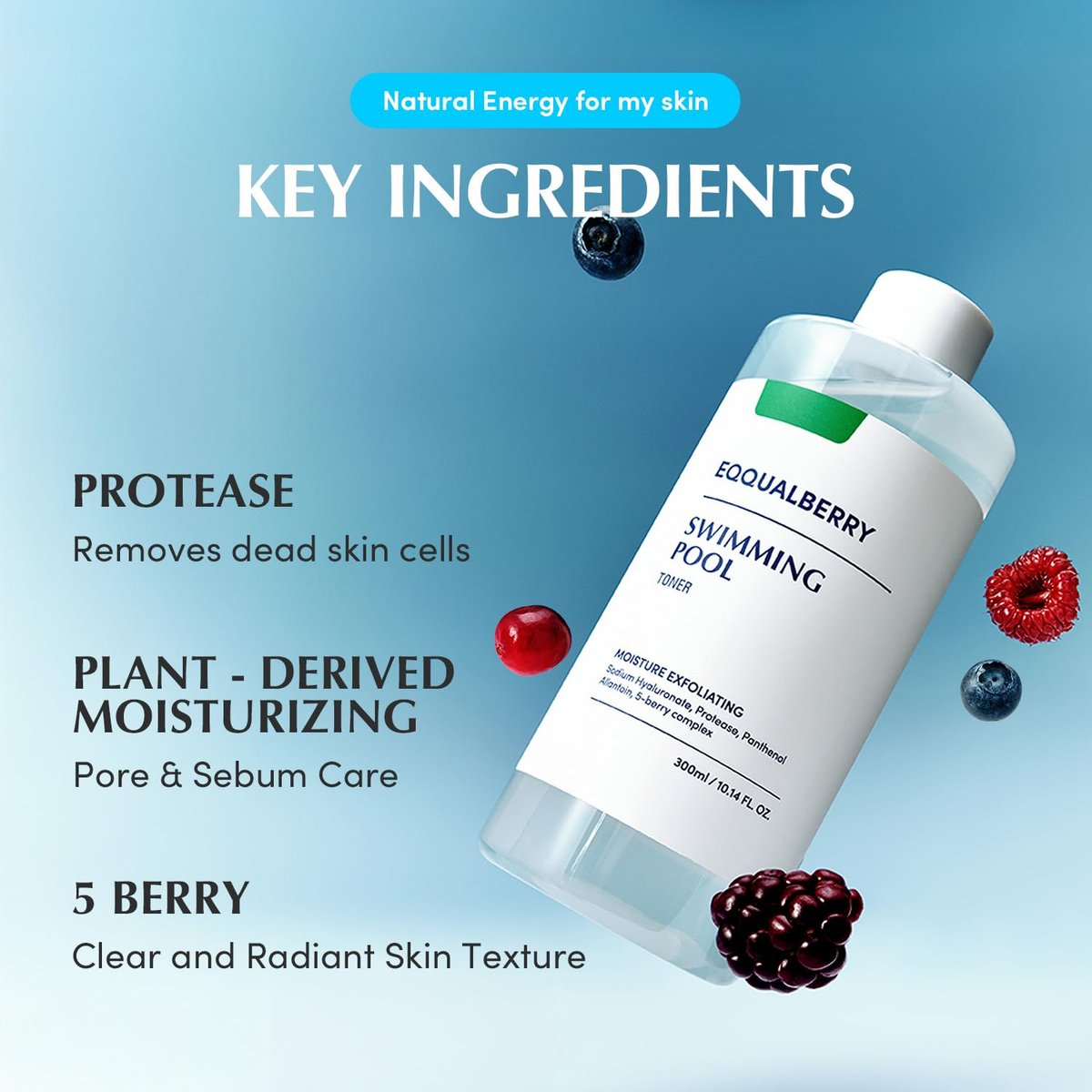EQQUALBERRY Swimming Pool Toner - Korean Exfoliating & Hydrating Toner with Natural Enzyme Protease & Hyaluronic Acid for Sensitive Skin, 10.14 Fl Oz (300ml) Avelisse