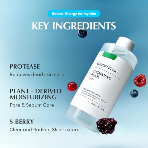 EQQUALBERRY Swimming Pool Toner - Korean Exfoliating & Hydrating Toner with Natural Enzyme Protease & Hyaluronic Acid for Sensitive Skin, 10.14 Fl Oz (300ml) Avelisse