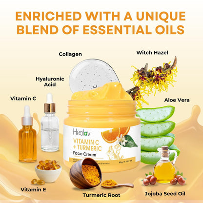 Healov Turmeric Face Cream for Dark Spots – Natural Skin Brightening Lotion for Face & Body – Fights Acne, Evens Tone, Clears Scars & Hyperpigmentation – 50g / 1.67oz