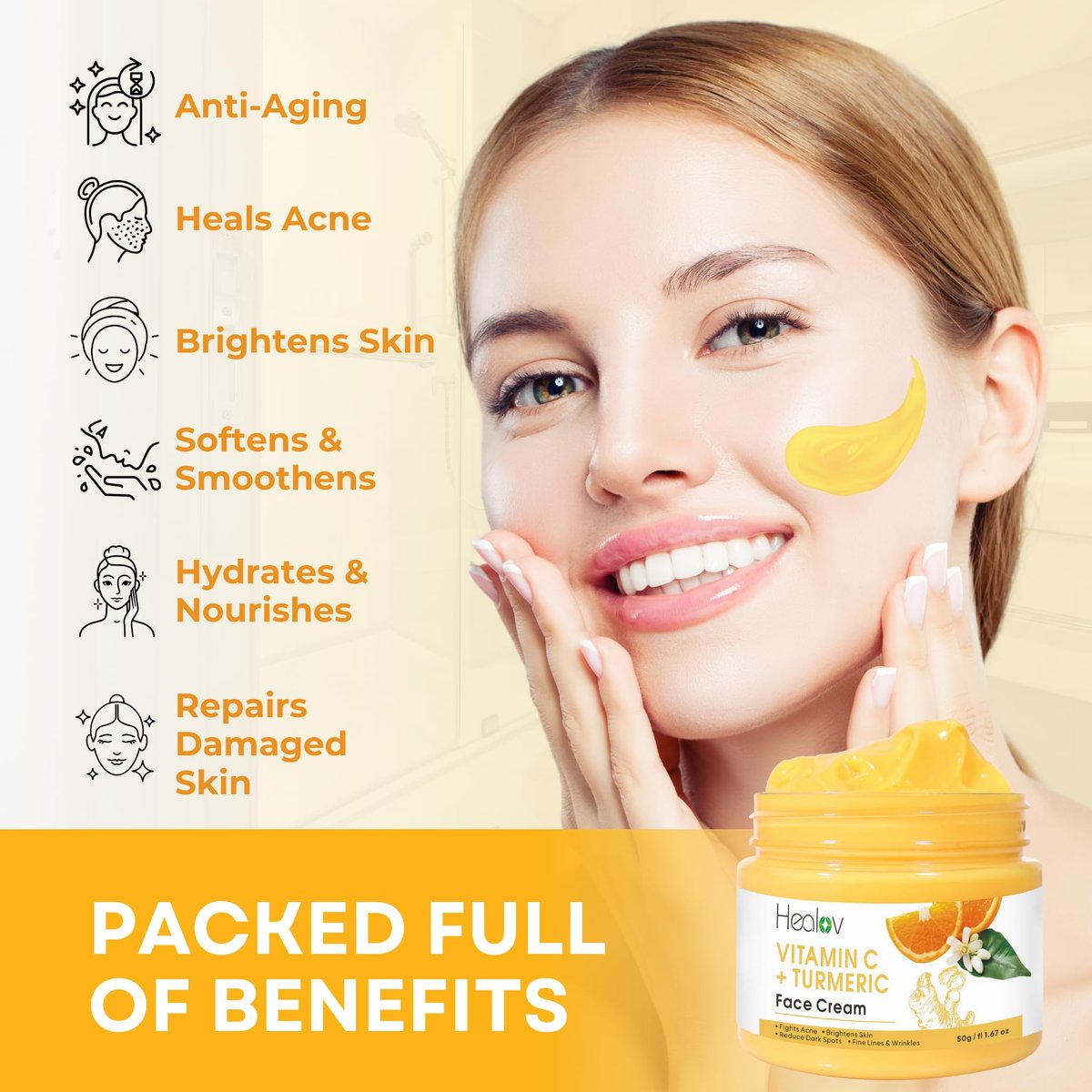 Healov Turmeric Face Cream for Dark Spots – Natural Skin Brightening Lotion for Face & Body – Fights Acne, Evens Tone, Clears Scars & Hyperpigmentation – 50g / 1.67oz - görsel 5