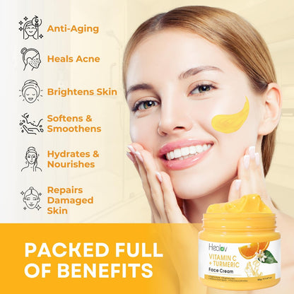 Healov Turmeric Face Cream for Dark Spots – Natural Skin Brightening Lotion for Face & Body – Fights Acne, Evens Tone, Clears Scars & Hyperpigmentation – 50g / 1.67oz
