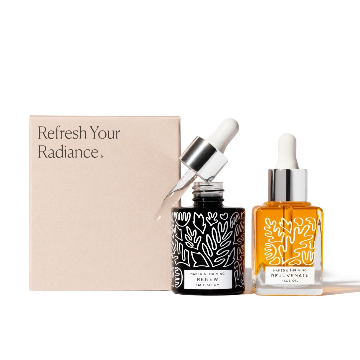 Naked & Thriving The Night Set: Renew Resurfacing Night Serum & Rejuvenate Restorative Face Oil with Hyaluronic Acid, Argan Oil, Sea Buckthorn & Fruit AHAs Avelisse