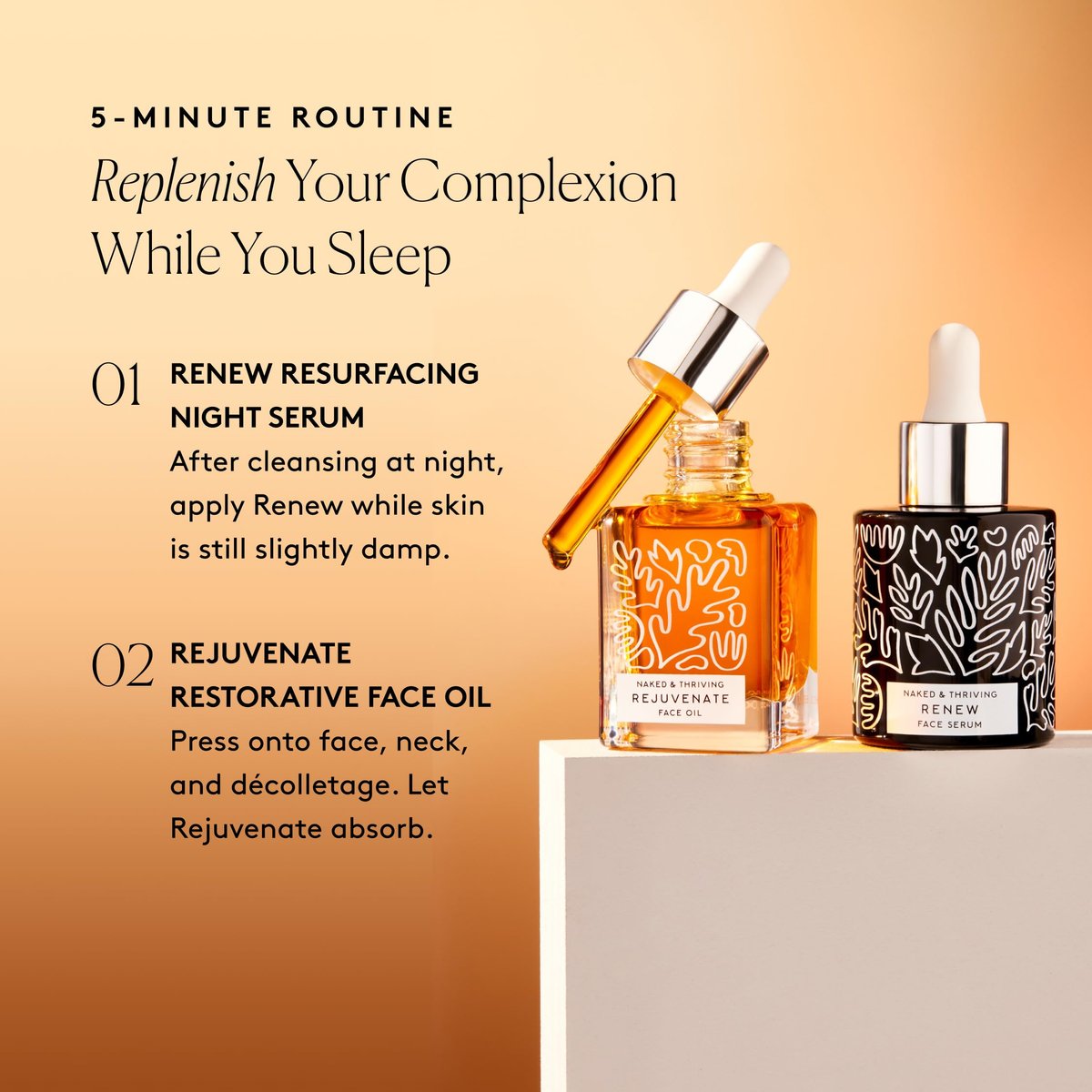 Naked & Thriving The Night Set: Renew Resurfacing Night Serum & Rejuvenate Restorative Face Oil with Hyaluronic Acid, Argan Oil, Sea Buckthorn & Fruit AHAs Avelisse