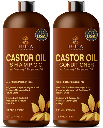 INFINA ESSENTIALS Castor Oil Shampoo and Conditioner Set for Hair Growth with Rosemary & Peppermint Oil - 16 fl oz Each, Anti-Hair Loss for Men & Women Avelisse