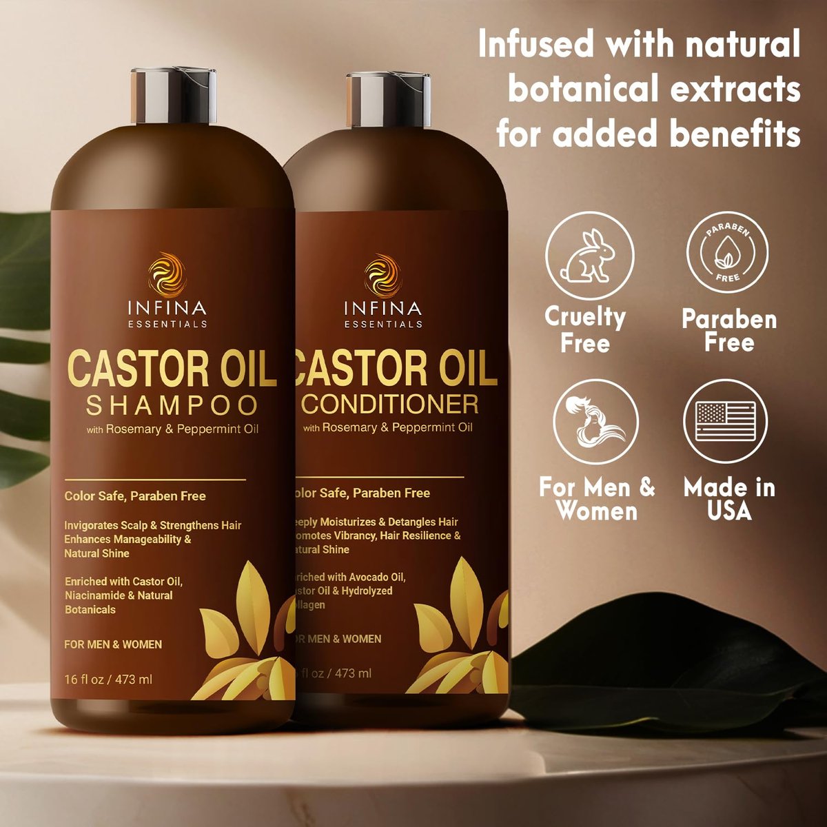 INFINA ESSENTIALS Castor Oil Shampoo and Conditioner Set for Hair Growth with Rosemary & Peppermint Oil - 16 fl oz Each, Anti-Hair Loss for Men & Women Avelisse