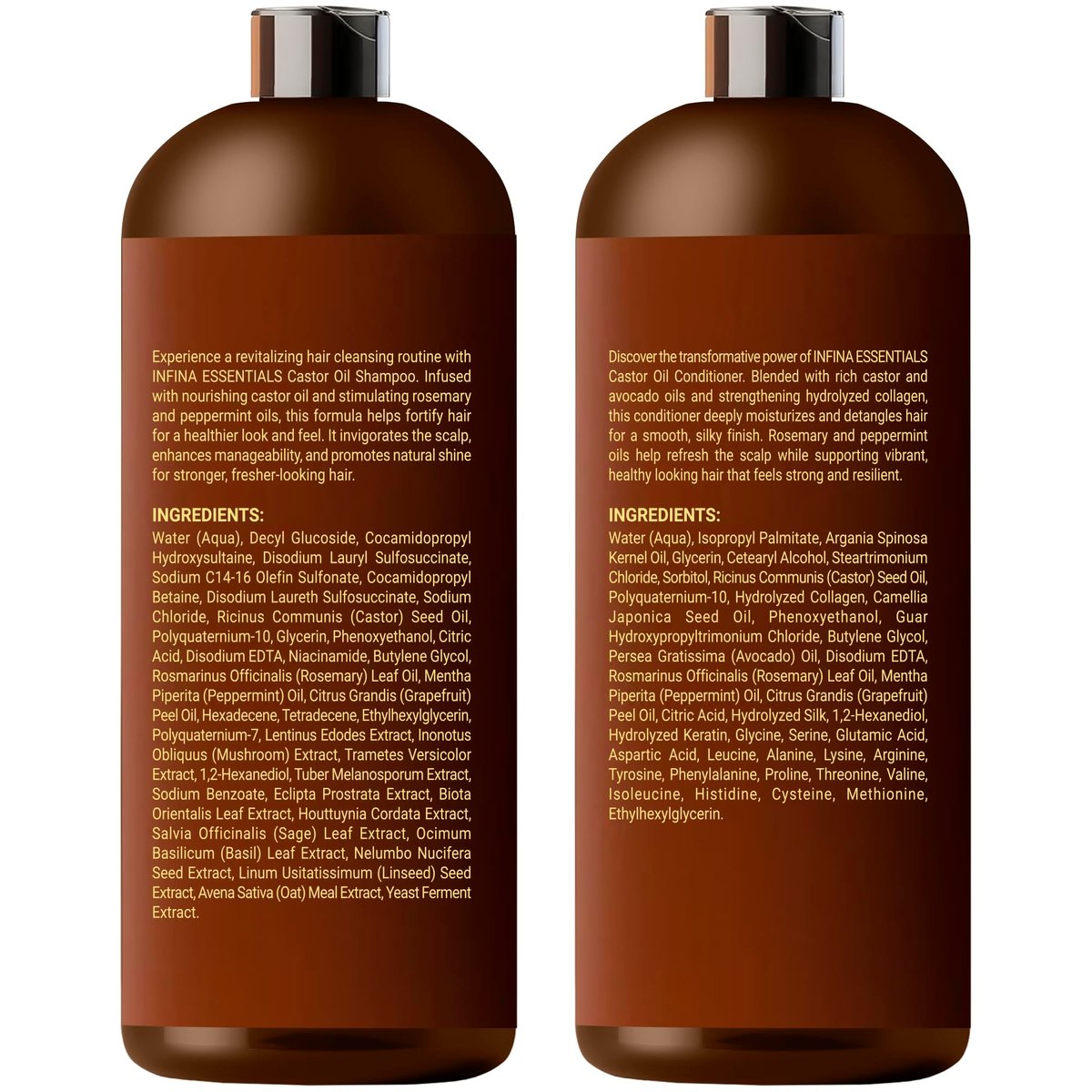 INFINA ESSENTIALS Castor Oil Shampoo and Conditioner Set for Hair Growth with Rosemary & Peppermint Oil - 16 fl oz Each, Anti-Hair Loss for Men & Women Avelisse
