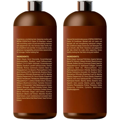 INFINA ESSENTIALS Castor Oil Shampoo and Conditioner Set for Hair Growth with Rosemary & Peppermint Oil - 16 fl oz Each, Anti-Hair Loss for Men & Women Avelisse