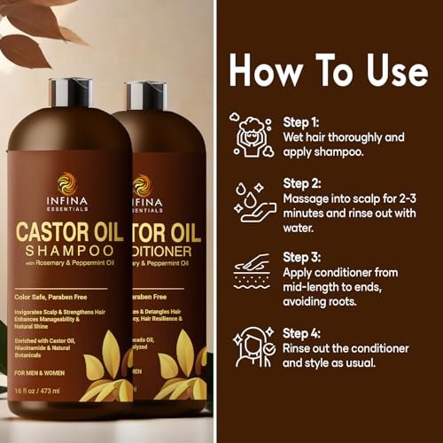 INFINA ESSENTIALS Castor Oil Shampoo and Conditioner Set for Hair Growth with Rosemary & Peppermint Oil - 16 fl oz Each, Anti-Hair Loss for Men & Women Avelisse