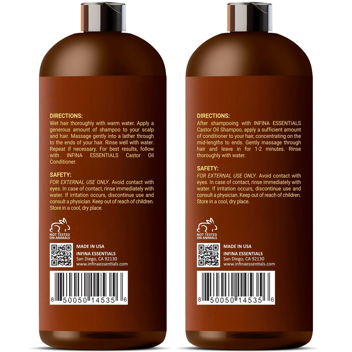 INFINA ESSENTIALS Castor Oil Shampoo and Conditioner Set for Hair Growth with Rosemary & Peppermint Oil - 16 fl oz Each, Anti-Hair Loss for Men & Women Avelisse