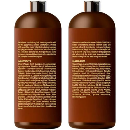 INFINA ESSENTIALS Castor Oil Shampoo and Conditioner Set for Hair Growth with Rosemary & Peppermint Oil - 16 fl oz Each, Anti-Hair Loss for Men & Women Avelisse