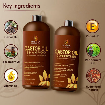 INFINA ESSENTIALS Castor Oil Shampoo and Conditioner Set for Hair Growth with Rosemary & Peppermint Oil - 16 fl oz Each, Anti-Hair Loss for Men & Women Avelisse