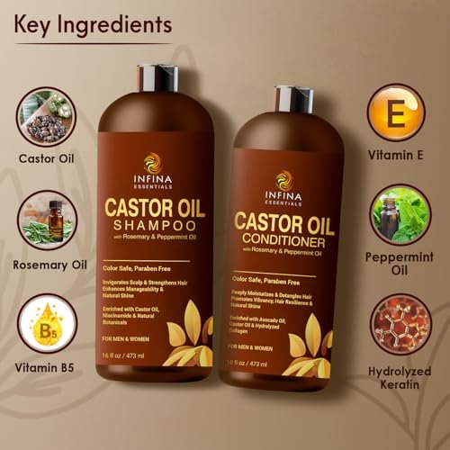 INFINA ESSENTIALS Castor Oil Shampoo and Conditioner Set for Hair Growth with Rosemary & Peppermint Oil - 16 fl oz Each, Anti-Hair Loss for Men & Women Avelisse